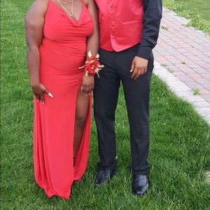 Red cowl neck split maxi dress